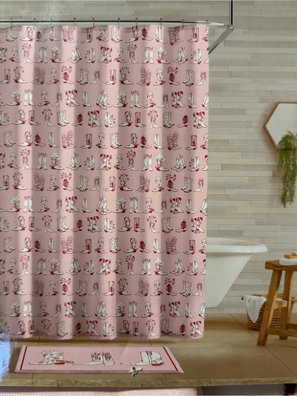 Wrangler Pink and Red Cowboy Boot Shower Curtain & Bath Rug Set